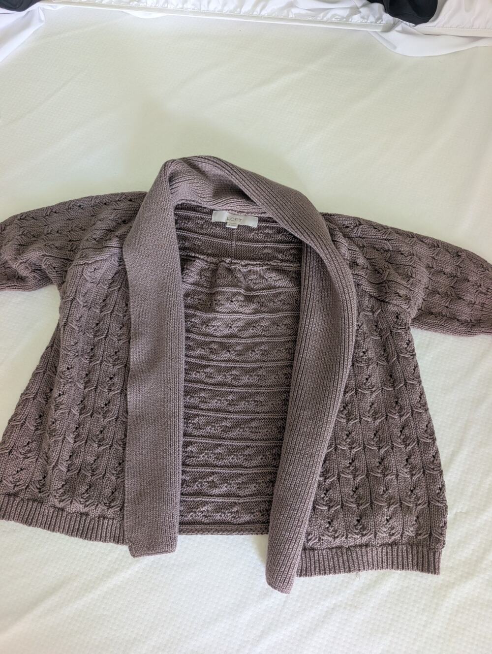 Ann Taylor LOFT Open Cardigan Sweater S Taupe Brown Sweater Cable Knit Cotton